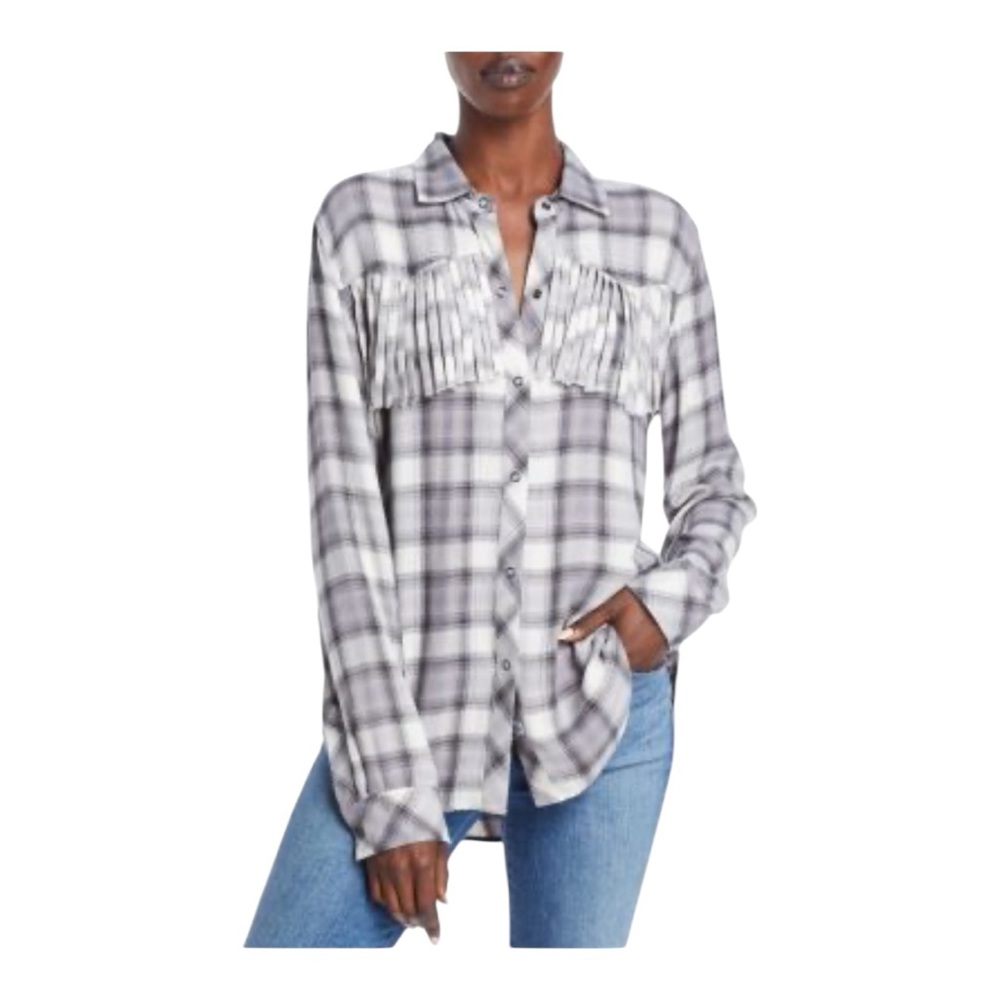 RAILS Dolly Plaid Fringe Trim Button Up Super Soft Top MEDIUM Gray EUC!